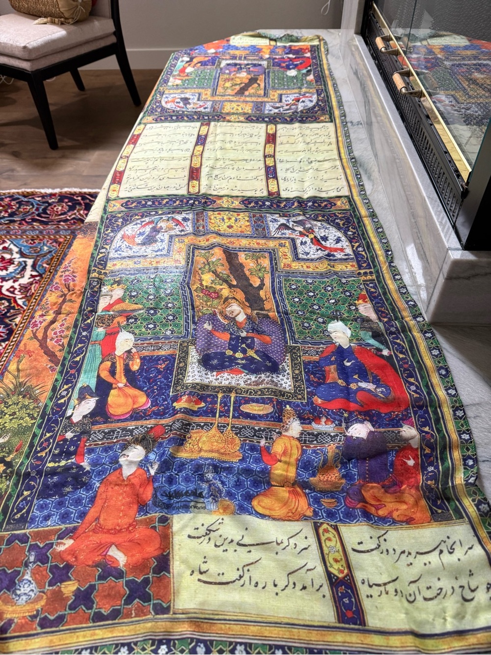 Handcrafted Persian-Style long scarf in Blue, Green and Gold
